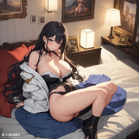 Highest quality、Ultra-high resolution、Fantasy、roleplaying game、A girl with big breasts and no clothes on looks embarrassed on her bed