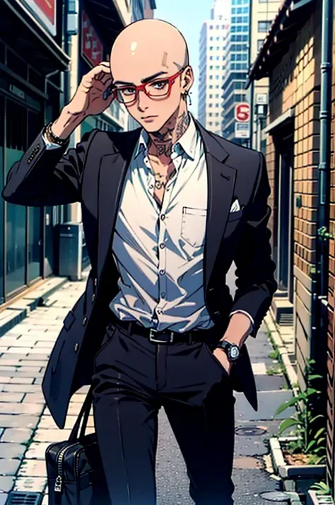 Baldhead,male,Red pupil,Glasses,minimalist style earrings,Wear a watch on your left hand,Showing breasts,Tattoo,suit,walk