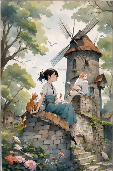 painting of a woman sitting on a wall with a cat and a windmill, artgerm and atey ghailan, studio ghibli artstyle, studio ghibli. artgerm, ghibli studio art, makoto shinkai and artgerm, studio glibly makoto shinkai, by Yoshihiko Wada, studio ghibli art sty...