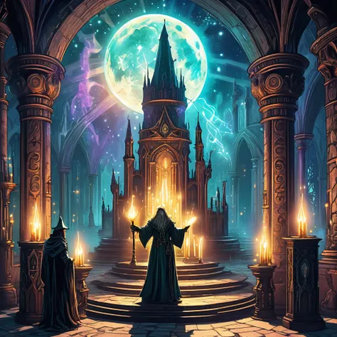 imagine a medieval wizard standing at the apex of a towering stone spire, surrounded by arcane tomes and mystical artifacts. the...