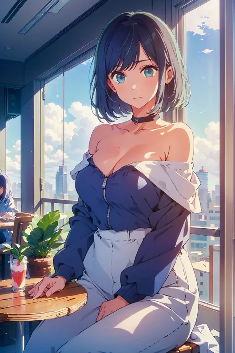 (Highest quality:1.4、8K:1.4、detailed)、F cup bust、Big Breasts、Slim body、Very white beautiful skin、((((1 person、smile、Surprised expression、sit、Chair、In the background are the urban buildings of Tokyo、looking at the camera、Indoor cafe terrace、Navy hair color、...