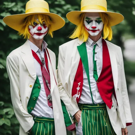 hair is yellow,The hat is striped in three colors,Realな人間,Illustration is different,clown,Joker,顔whiteい,Cross painted on eyes,Yellow hair,Three-color hat(red,green,white),whole body,4K,high resolution,uncle,Real,Real Humans,Man in his 40s,帽子はwhiteとgreenとre...