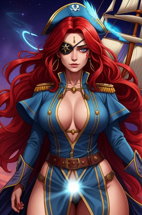 Imagine a dynamic portrait of Captain Alexandra Nelly, a fearless sky pirate hunter with a vibrant and complex background. She stands confidently, embodying both her human and mystical air spirit heritage. Her bright red hair, infused with streaks of purpl...