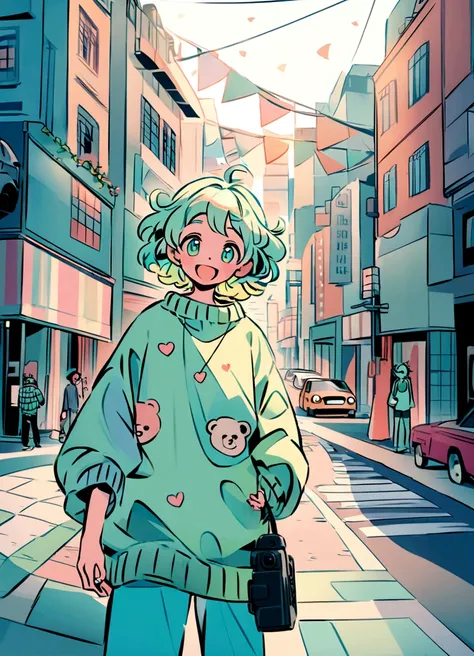 "Create a digital illustration of an excited boy standing in the heart of a busy city street. He is dressed in a loose, oversized light green sweater with adorable heart and bear designs on it. His hair is styled in a playful, messy fashion. The boy is hol...