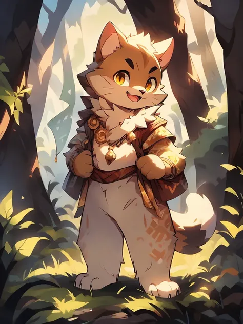 anthropomorphic cat，fluffy fur，Yellow and white patterned fur embellished，Handsome，Males，Alone，masterpiece，super high quality，in the forest，smiling，Energetic，rich in detail，standing，perfect，Whole body naked，High