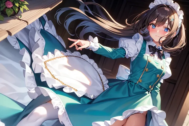 masterpiece, best quality,1girl, solo,whtie hair,medium hair,blue eyes,long sleeves,juliet sleeves,apron,maid,maid headdress,puffy sleeves,green dress,vest,buttons, white thighhighs,standing, looking at viewer, nose blush,