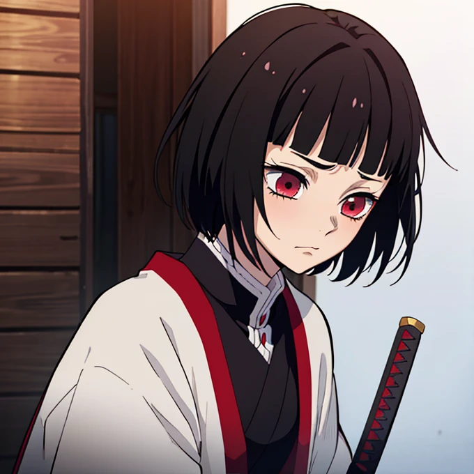 Kimetsu no yaiba style best quality 0.8,beautiful Dark hair.  short hair (short above the shoulders) . Young woman with detailed red eyes (red eyes) dull and sad detailed. droopy eyes. warm face, his face has dirt, foreground. katana. (Alone) (in a trainin...