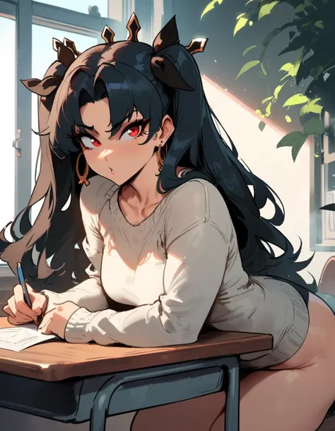 1girl, ishtar (fate), fate (series)  masterpiece, best quality, very aesthetic, absurdres, newest  slim body,///// ,by nyantcha,cutesexyrobutts , by khyle,,////// beautiful face, sexy, red eyes, , at school, windows, greenery, sweater,,at desk, looking at ...