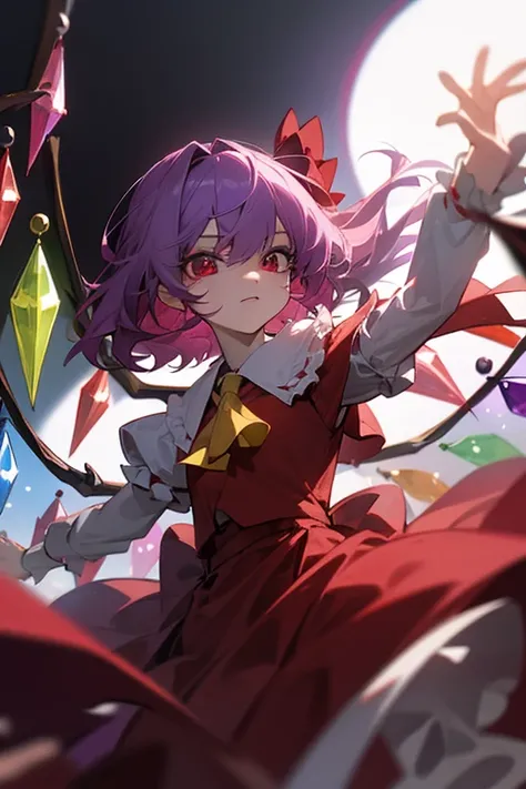 Please draw Flandre Scarlet。
She has awakened and her hair has turned purple.。
