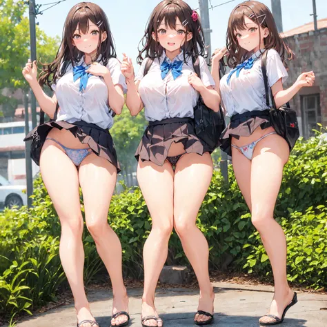 Texture CG, ((Ultra Detailed Art)), ((masterpiece)), (Highly detailed CG),Multiple Girls,Three Girls,Harem,Are standing,  ,((((uniform))),skirt ,(((pleated mini skirt)))), White shirt, School Bags , Beautiful feet,From directly below, Wind power increase,(...