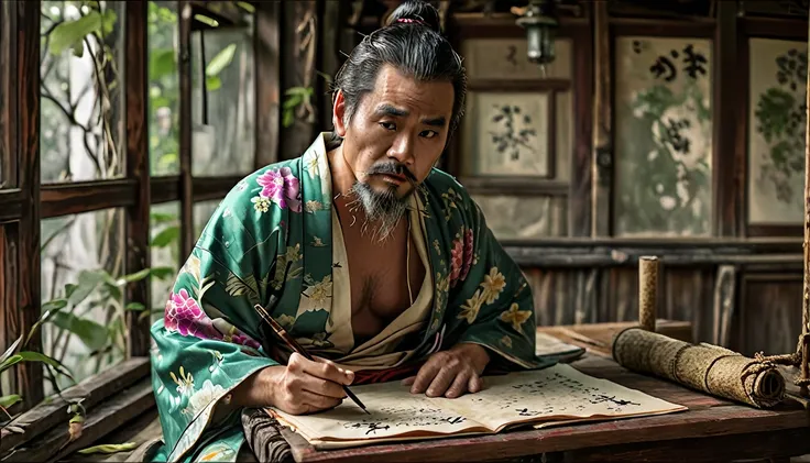 The location is a small study in the Meiji era. A middle-aged man writing on paper with a brush, in a shabby kimono, full body, wide angle, 4K (man) high resolution, sharp focus, (ultra detailed, highly detailed), (photorealistic artwork: 1.37), (highly de...