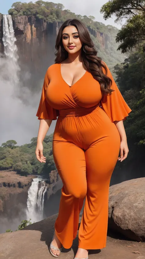 monali thakur Indian beautiful actress curvy plus size hour glass bulky huge figure woman, closeup camera view, big huge m-cup breast, wearing SHEIN Essnce Plus Size Summer Casual Solid Color Batwing Sleeve Jumpsuit With Elastic Waist

Color: Orange
 , cov...