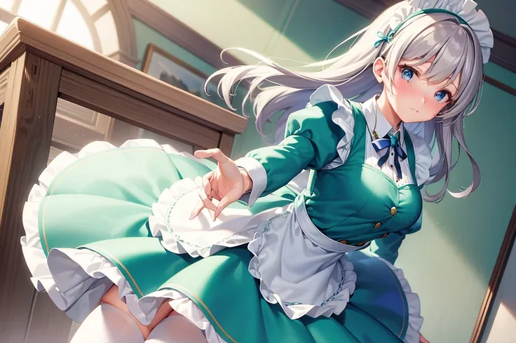 masterpiece, best quality,1girl, solo,whtie hair,medium hair,blue eyes,long sleeves,juliet sleeves,apron,maid,maid headdress,puffy sleeves,green dress,vest,buttons, white thighhighs,standing, looking at viewer, nose blush,