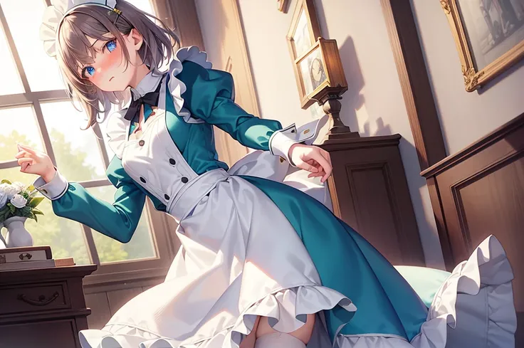 masterpiece, best quality,1girl, solo,whtie hair,medium hair,blue eyes,long sleeves,juliet sleeves,apron,maid,maid headdress,puffy sleeves,green dress,vest,buttons, white thighhighs,standing, looking at viewer, nose blush,