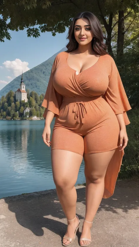 monali thakur Indian beautiful actress curvy plus size hour glass bulky huge figure woman, closeup camera view, big huge m-cup breast, wearing SHEIN Essnce Plus Size Summer Casual Solid Color Batwing Sleeve Jumpsuit With Elastic Waist Color: Orange , cover...