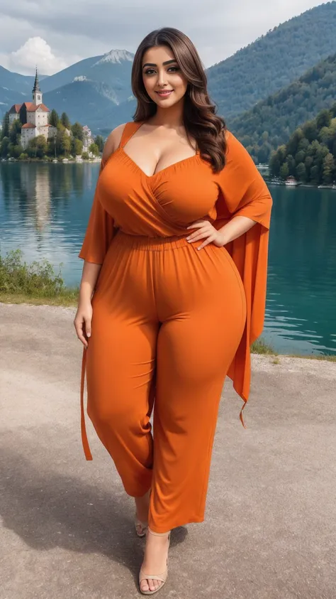 monali thakur Indian beautiful actress curvy plus size hour glass bulky huge figure woman, closeup camera view, big huge m-cup breast, wearing SHEIN Essnce Plus Size Summer Casual Solid Color Batwing Sleeve Jumpsuit With Elastic Waist Color: Orange , cover...