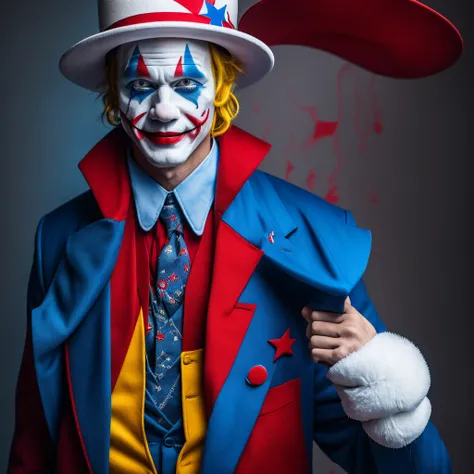 映画Jokerのような,hair is yellow,Hats come in three colors,Realな人間,Illustration is different,clown,Joker,Face white,Cross painted on eyes,Yellow hair,Three-color hat,whole body,4K,high resolution,uncle,Real,Real Humans,Man in his 40s,The hat is white, blue and r...