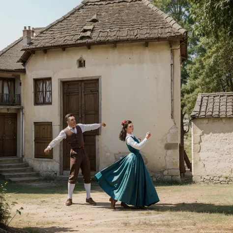 watercolor drawing in Retro-Look, rural saxones village in Transilvania with fortificated church of bazna, man and woman dance, full body shot, in the style of classic Americana, white background, Andrew Loomis style, Masterpiece work of art, 