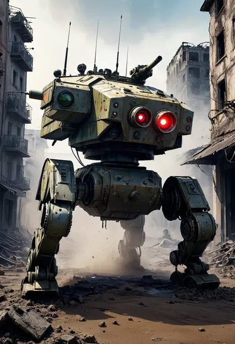 CG concept art、A multi-legged robot-like tank searching for enemies in a ruined city.(The tank is so low that it crawls on the ground with six legs1.2).The turret has a slightly longer barrel of 120 mm.A machine gun built into the side of the barrel,A robo...