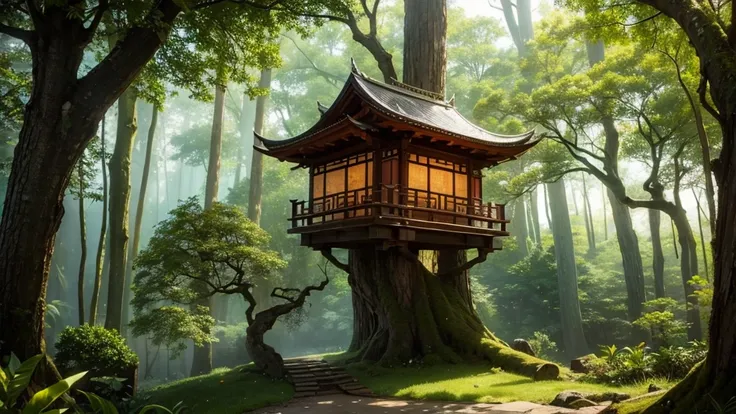 Elven tree house with a mixture of Asian aesthetic