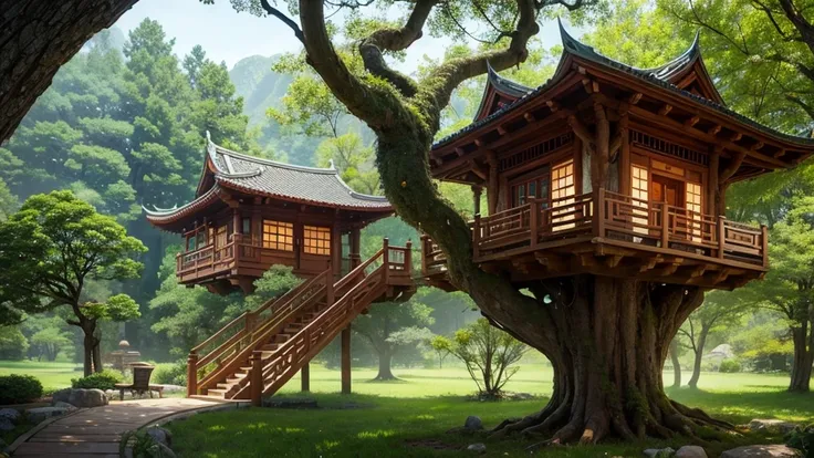 Elven tree house with a mixture of Asian aesthetic