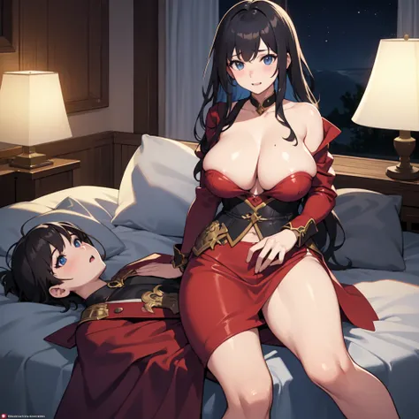 Highest quality、Ultra-high resolution、Fantasy、roleplaying game、A girl with big breasts and no clothes on looks embarrassed on her bed、night