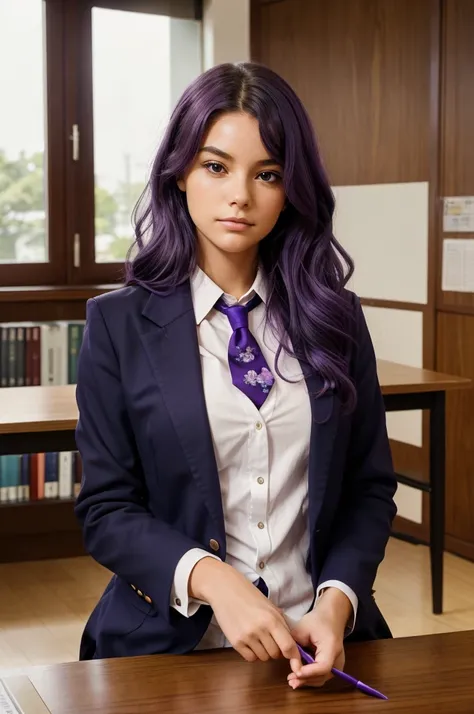 In a quiet corner of the school library, a girl with wavy purple hair sat at a wooden desk. Her uniform, a dark blazer with a crisp white shirt and a purple tie, contrasted with the softness of her floral hair accessories. In her right hand, she held a pen...