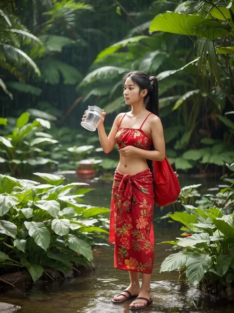 
Thai woman, 20 years old, long hair tied back, wearing a sarong. black red flower pattern Wearing red sandals, holding a container to draw water from a water jar. Pick it up and pour it on yourself. realistic image There is a rainy season forest in the ba...