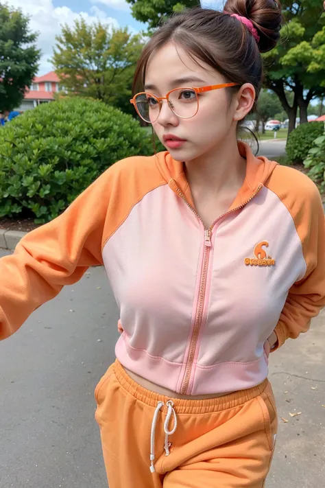 (Top quality, high resolution, masterpiece, realistic photo), Focus on one girl, red rimmed glasses, bun hair, pink base with yellow mesh, a little sweaty on the forehead, orange track jacket, orange track pants, white sneakers, Dash scene. Running fast in...