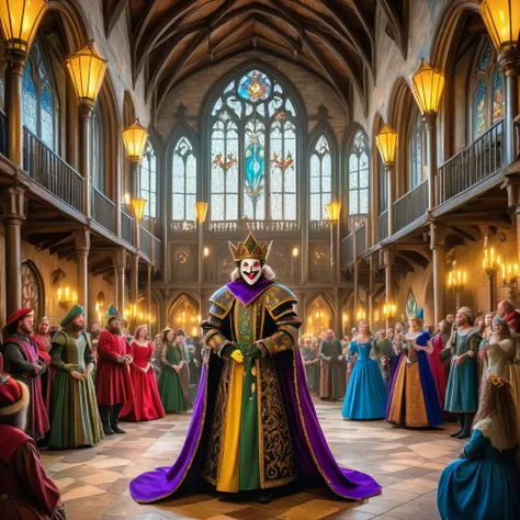 Imagine a medieval jester performing in the grand hall of a royal court, filled with opulent decorations and noble spectators. The jester, dressed in a brightly colored outfit adorned with bells and intricate patterns, moves with nimble grace, juggling enc...