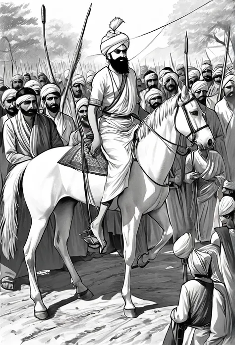 A 30 year old man wearing a white Indian Gujarati turban has a large mustache on his face, a spear in his hand, and is sitting on a white horse ,with a cloth tied to stop the so much bleeding from his stomach ,the color of blood is stuck on his clothes whi...