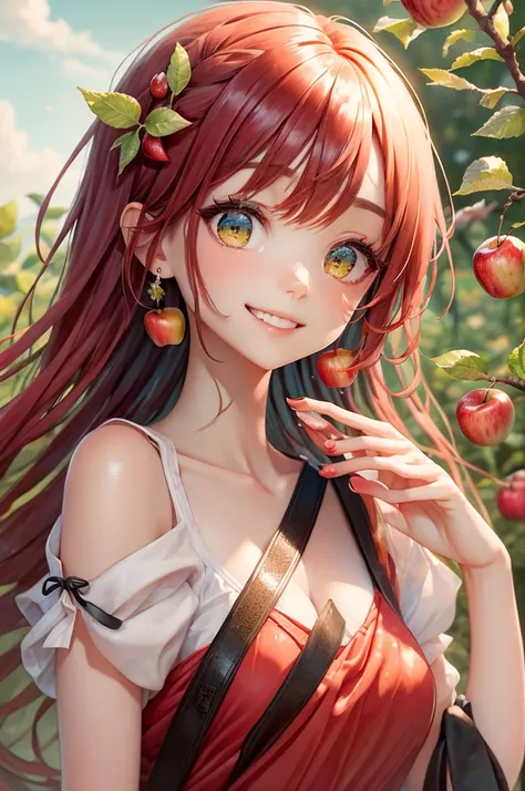 absurderes, Ultra-detail,bright colour,(8K:1.5),masuter piece,extremely beautiful detailed face and eyes,(Personification of apples:1.3)、Red clothes,Valley、Red skin、Red hair,Summer morning、Ghibli,Apple Plantation,Cute smile,wave her hand,