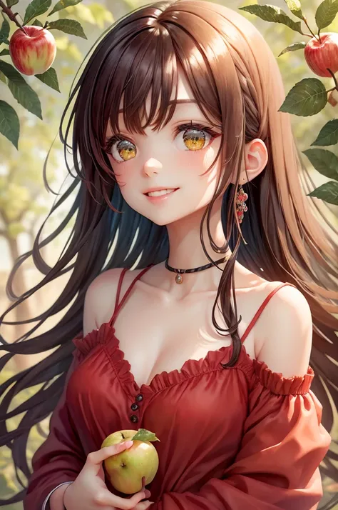 absurderes, Ultra-detail,bright colour,(8K:1.5),masuter piece,extremely beautiful detailed face and eyes,(Personification of apples:1.3)、Red clothes,Valley、Red skin、Red hair,Summer morning、Ghibli,Apple Plantation,Cute smile,wave her hand,