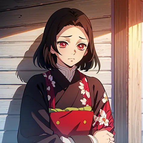 Kimetsu no yaiba style best quality 0.8,beautiful Dark hair.  short hair (short above the shoulders) . Young woman with detailed red eyes (red eyes) dull and sad detailed. droopy eyes. warm face, his face has dirt, foreground. katana. (Alone) (in a trainin...