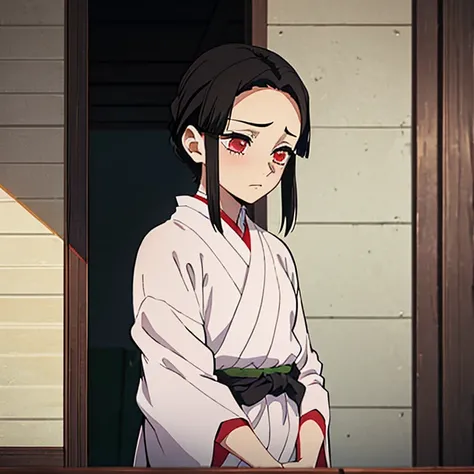 Kimetsu no yaiba style best quality 0.8,beautiful Dark hair.  short hair (short above the shoulders) . Young woman with detailed red eyes (red eyes) dull and sad detailed. droopy eyes. warm face, his face has dirt, foreground. katana. (Alone) (in a trainin...