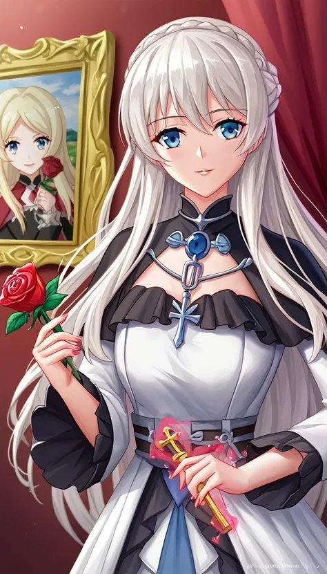 Anime style，The painting shows a woman holding a rose, Magic portrait of white-haired woman, Inspired by Knights, Gu Weiss, Key Anime Art, Illustration by Shigenori Soejima, Bastian Amano Yoshitaka, Erpingnu Art, Inspired by Yukiya Amano, artwork in the st...