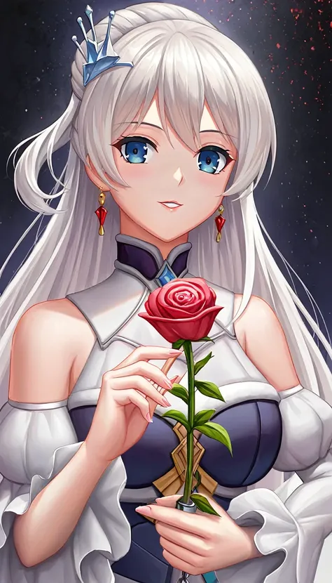 Anime style，The painting shows a woman holding a rose, Magic portrait of white-haired woman, Inspired by Knights, Gu Weiss, Key Anime Art, Illustration by Shigenori Soejima, Bastian Amano Yoshitaka, Erpingnu Art, Inspired by Yukiya Amano, artwork in the st...