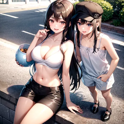 1 girl、Street、bangs、Bare shoulders、黒いhat、Brown eyes、Brown Hair、smile、passionate、hat、Swimwear，long hair、camisole、looking at the camera、shoes、Shorts，solo、Are standing、Belly button piercing？