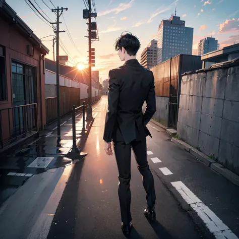 Anime style, 1boy, short black hair, light blue eyes, wearing all black suits, street, sunset, high res, ultrasharp, 8k, masterpiece, looking at viewer from behind