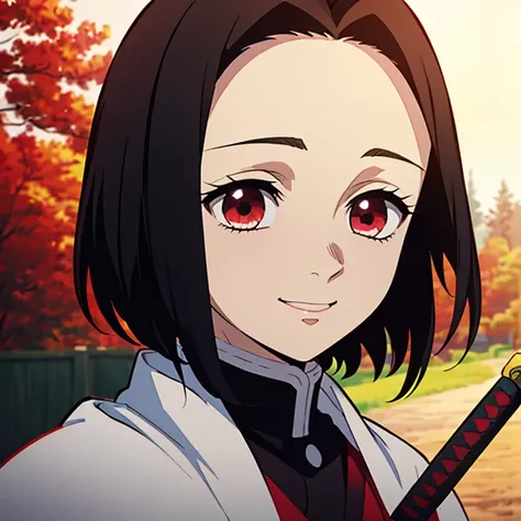 Kimetsu no yaiba style best quality 0.8,beautiful Dark hair.  short hair (short above the shoulders) . Young woman with detailed red eyes (red eyes) dull and sad detailed. droopy eyes. warm face, his face has dirt, foreground. katana. smile,happy. (Alone) ...