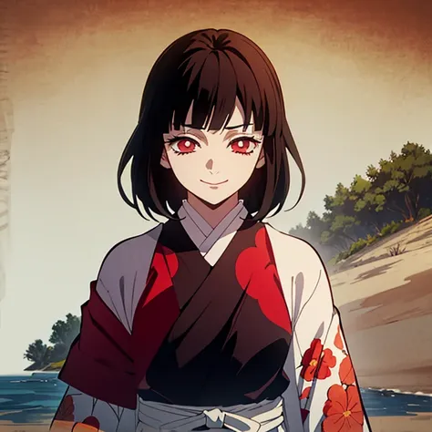 kimetsu no yaiba style best quality 0.8,beautiful dark hair.  short hair (short above the shoulders) . young woman with detailed...