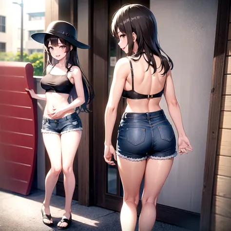 1 girl、Street、bangs、Bare shoulders、黒いhat、Brown eyes、Brown Hair、smile、passionate、hat、Swimwear，long hair、(Underboob)，camisole、looking at the camera、shoes、Shorts，solo、Are standing、Belly button piercing？