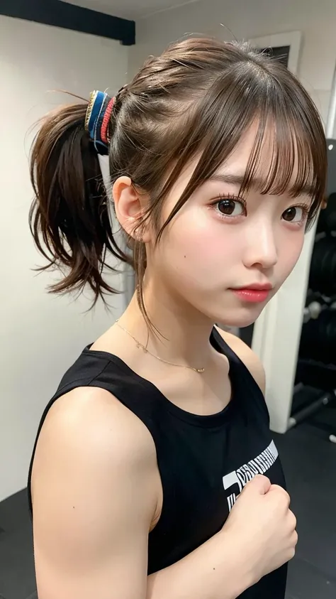 best quality, masterpiece, 1girl, high ponytail, sportswear, in a gym, upper body