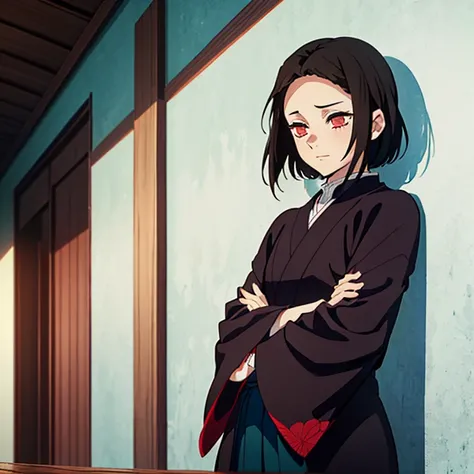 Kimetsu no yaiba style best quality 0.8,beautiful Dark hair.  short hair (short above the shoulders) . Young woman with detailed red eyes (red eyes) dull and sad detailed. droopy eyes. warm face, his face has dirt, foreground. katana. (Alone) (in a trainin...