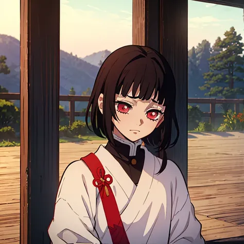 Kimetsu no yaiba style best quality 0.8,beautiful Dark hair.  short hair (short above the shoulders) . Young woman with detailed red eyes (red eyes) dull and sad detailed. droopy eyes. warm face, his face has dirt, foreground. katana. (Alone) (in a trainin...