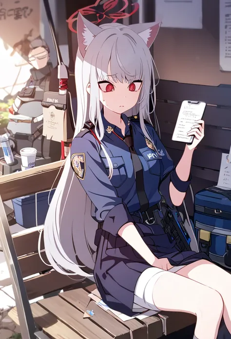 one girl,fox girl,slit eyes,silver hair,red eyes,trimmed long hair,high school girl,police uniform,mobile task force equipment,b...