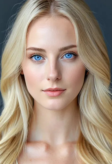 Extremely light white woman, young, adult, neoteny, blue eyes, angelic face, fine features, thin nose, symmetrical face, small nose, perfect face, tenderness, smooth skin, perfect skin, very long light blonde hair,hyper realistic