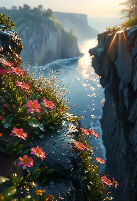 a beautiful detailed morning landscape, intricate details, realistic, dramatic lighting, first rays of dawn sunlight, dew drops on flowers on the edge of a cliff, natural lighting, cinematic, photorealistic, high resolution wallpaper