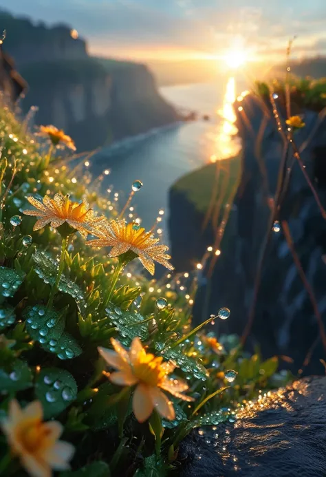 intricate details, detailed, realism,the first rays of sunlight in the morning，dew drops on flowers on the cliff，(sunrise，halo)，...