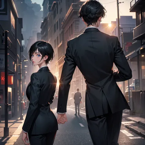 1boy, short black hair, light blue eyes, wearing all black suits, street, sunset, high res, ultrasharp, 8k, masterpiece, looking at viewer from behind